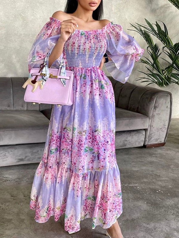 Dresses Printed One-Shoulder Long Sleeve Swing Dress for Women