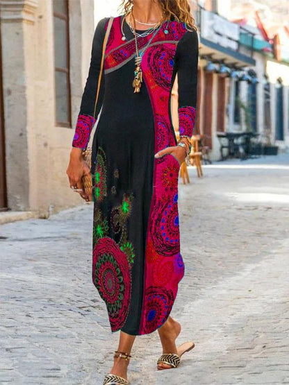 Women's Dresses Printed Pocket Long Sleeve Maxi Dress - LuckyFash™