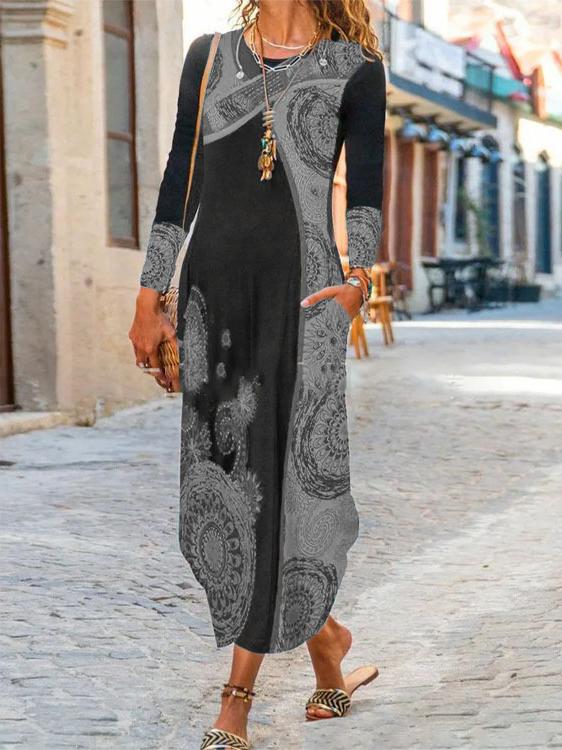 Dresses Printed Pocket Long Sleeve Maxi Dress for Women