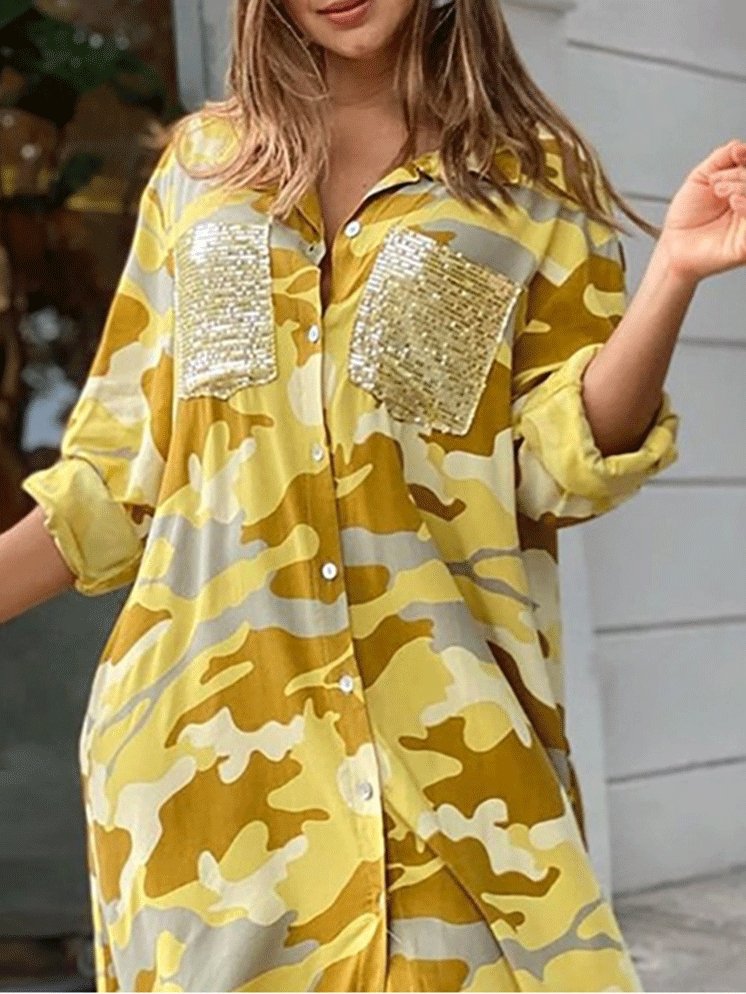 Women's Dresses Printed Pocket Long Sleeve Shirt Dress - LuckyFash™