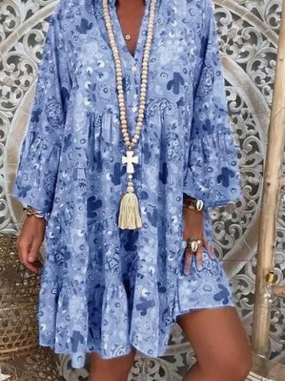 Dresses Printed Stand Collar Button Ruffled Long Sleeve Dress for Women