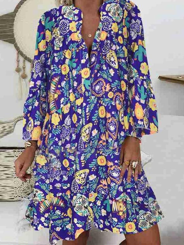 Women's Dresses Printed Stand Collar Button Ruffled Long Sleeve Dress - LuckyFash™