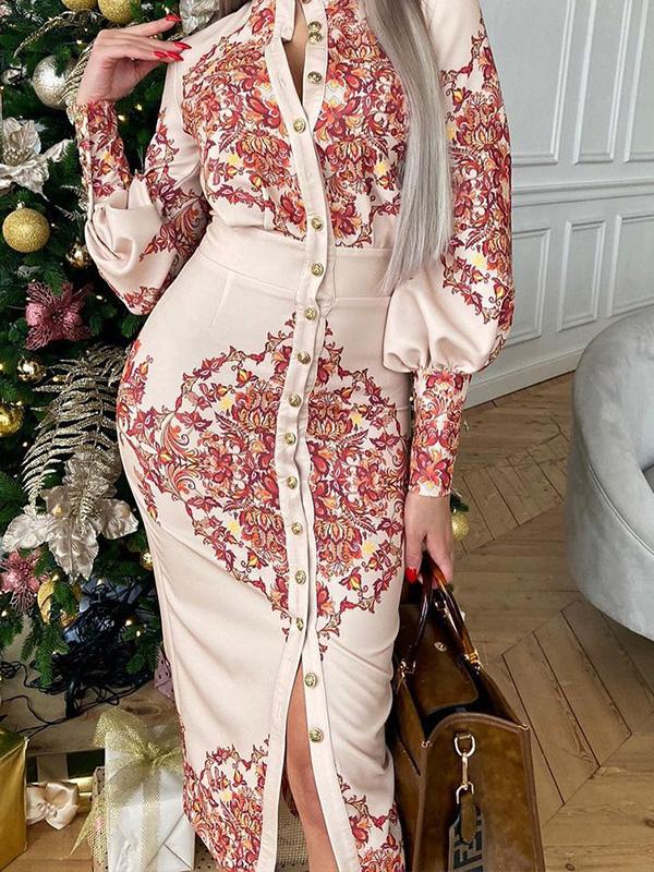 Women's Dresses Printed Stand Collar Long Sleeve Shirt Dress - LuckyFash™