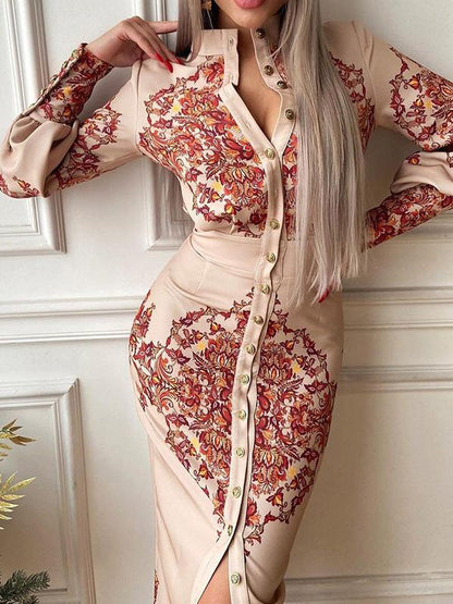 Women's Dresses Printed Stand Collar Long Sleeve Shirt Dress - LuckyFash™