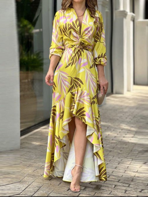 Dresses Printed V-Neck High Waist Long Sleeve Dress for Women