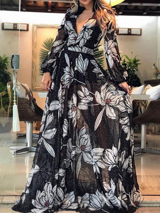 Dresses Printed V-Neck Long Sleeve Dress for Women