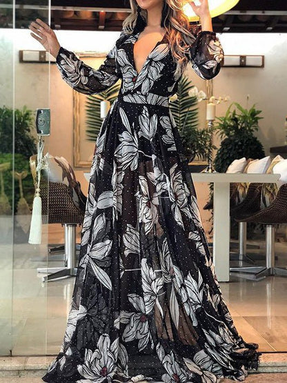 Women's Dresses Printed V-Neck Long Sleeve Dress - LuckyFash™