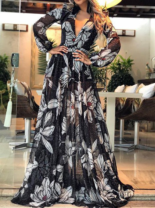 Women's Dresses Printed V-Neck Long Sleeve Dress - LuckyFash™