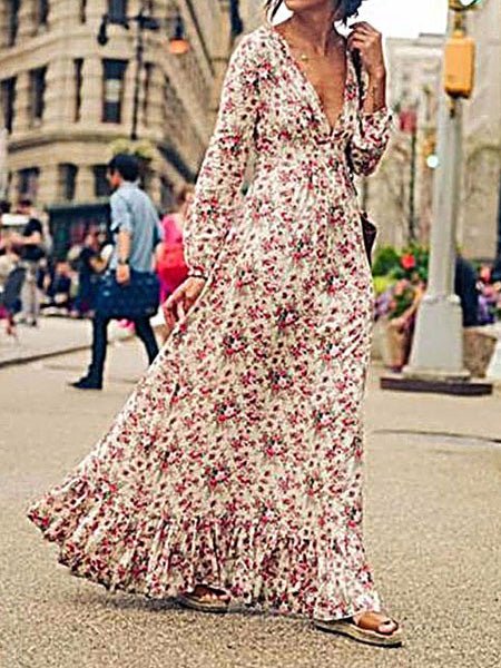 Women's Dresses Printed V-Neck Long Sleeve Ruffle Dress - LuckyFash™