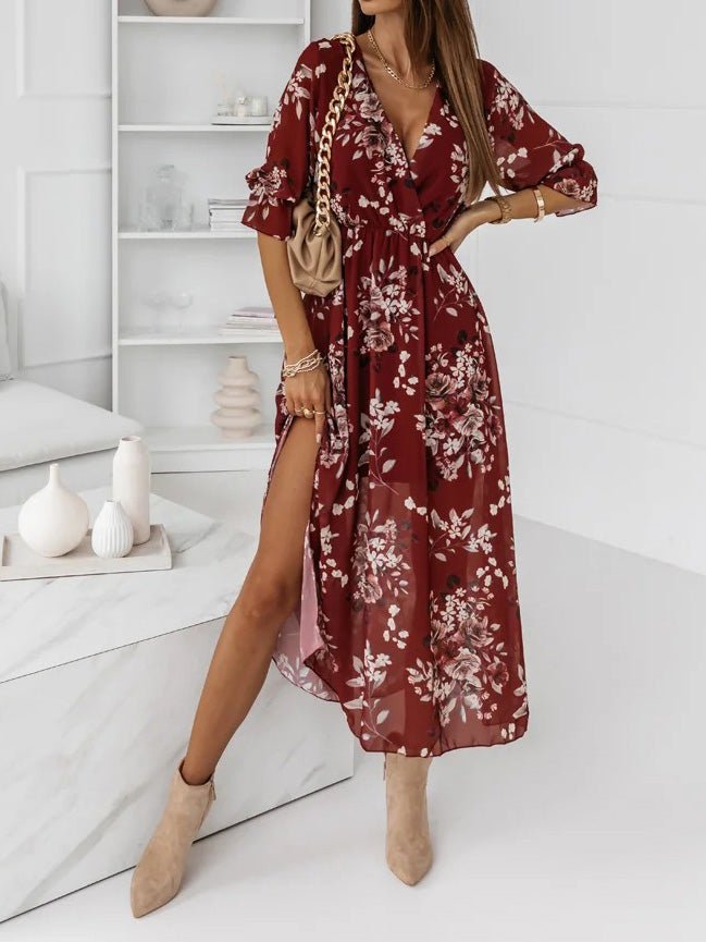 Dresses Printed V-Neck Long Sleeve Slit Chiffon Dress for Women