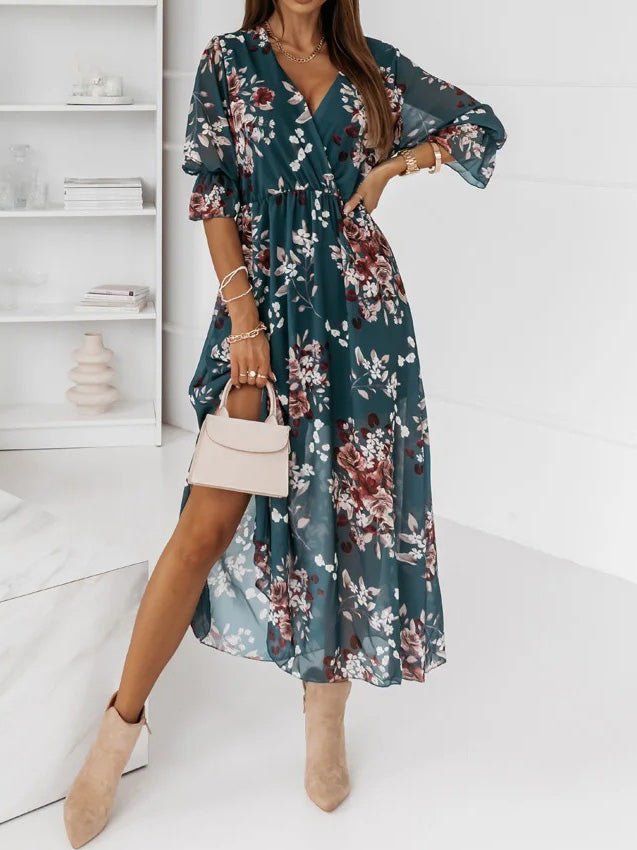 Dresses Printed V-Neck Long Sleeve Slit Chiffon Dress for Women