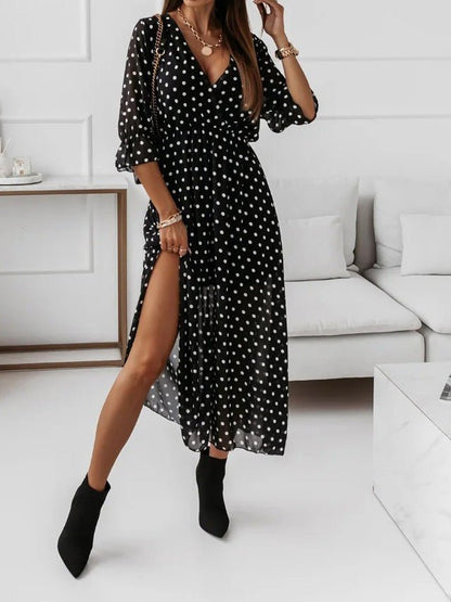 Dresses Printed V-Neck Long Sleeve Slit Chiffon Dress for Women