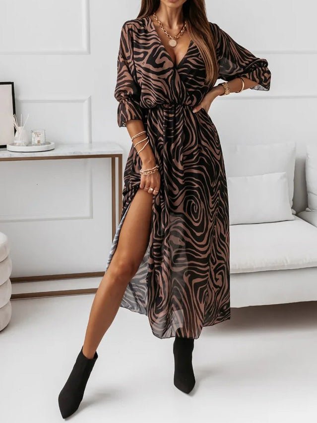 Women's Dresses Printed V-Neck Long Sleeve Slit Chiffon Dress - LuckyFash™