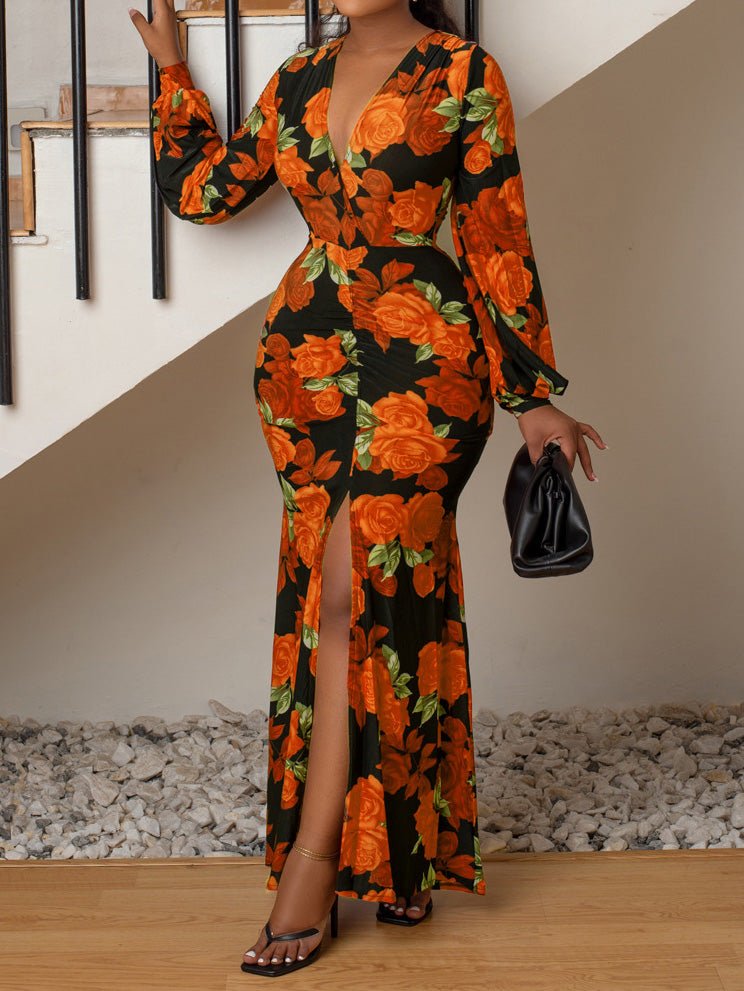 Women's Dresses Printed V-Neck Long Sleeve Slit Dress - LuckyFash™