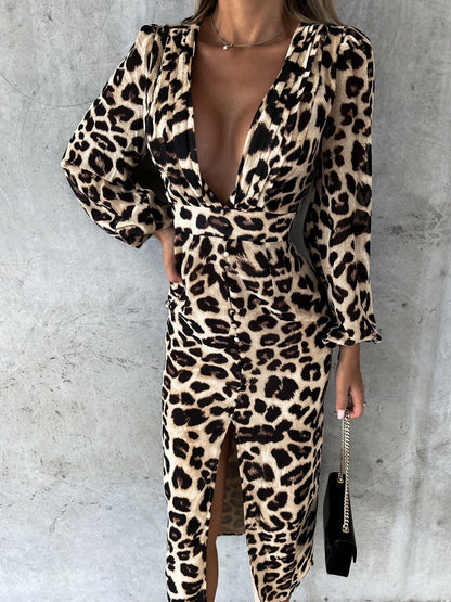 Dresses Printed V-Neck Long Sleeve Slit Dress for Women