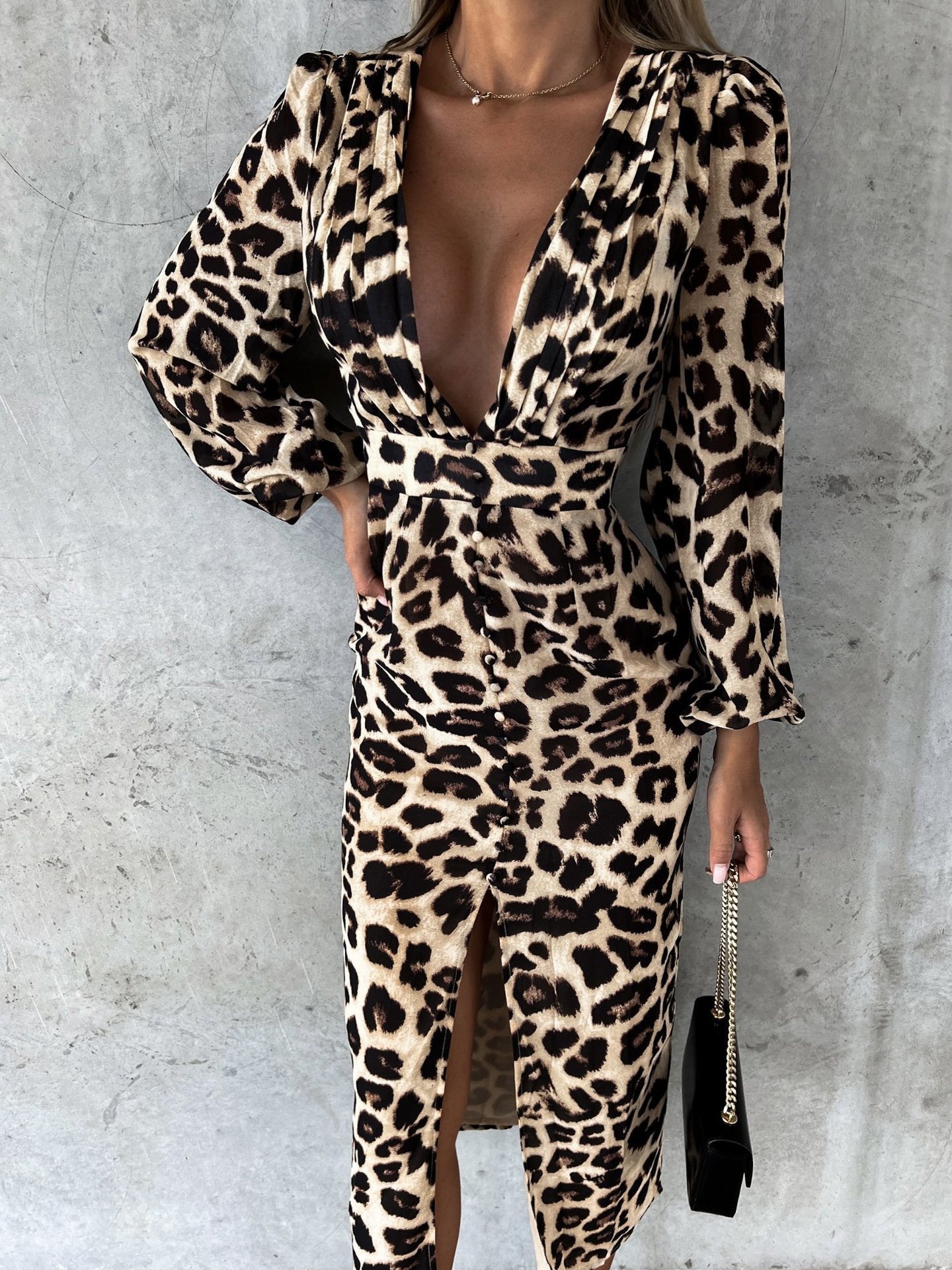 Women's Dresses Printed V-Neck Long Sleeve Slit Dress - LuckyFash™