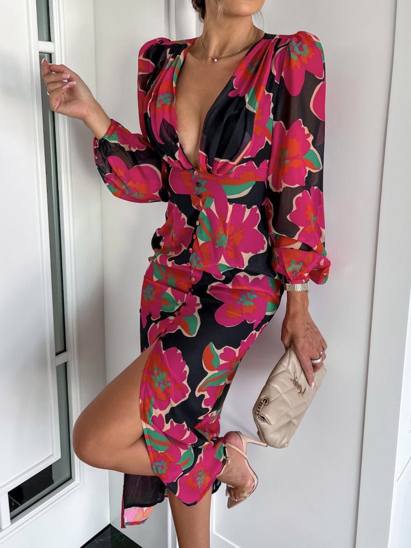 Women's Dresses Printed V-Neck Long Sleeve Slit Dress - LuckyFash™