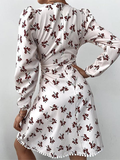 Women's Dresses Puff Sleeve V-Neck Floral Long Sleeve Dress - LuckyFash™