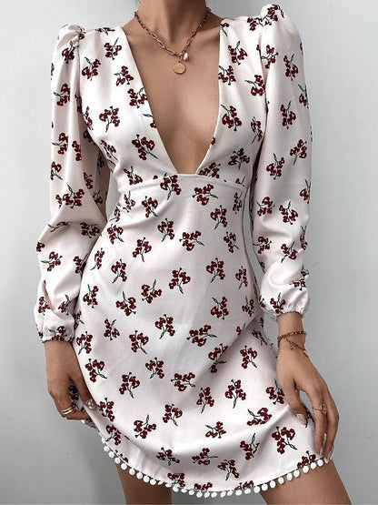 Women's Dresses Puff Sleeve V-Neck Floral Long Sleeve Dress - LuckyFash™