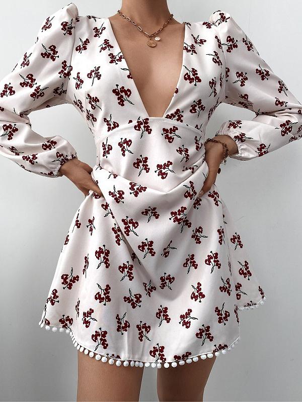 Dresses Puff Sleeve V-Neck Floral Long Sleeve Dress for Women