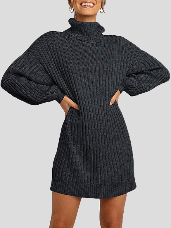 Dresses Pure High Collar Long Sleeve Knit Dress for Women