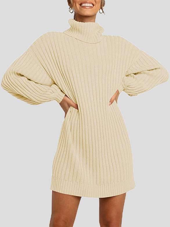 Women's Dresses Pure High Collar Long Sleeve Knit Dress - LuckyFash™