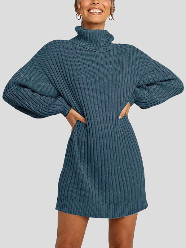 Women's Dresses Pure High Collar Long Sleeve Knit Dress - LuckyFash™