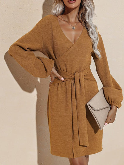 Dresses Pure V-Neck Belted Long Sleeve Dress for Women