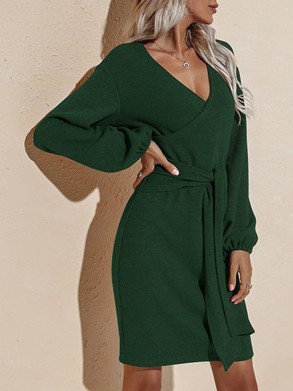 Women's Dresses Pure V-Neck Belted Long Sleeve Dress - LuckyFash™