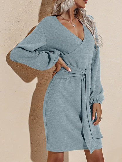 Women's Dresses Pure V-Neck Belted Long Sleeve Dress - LuckyFash™