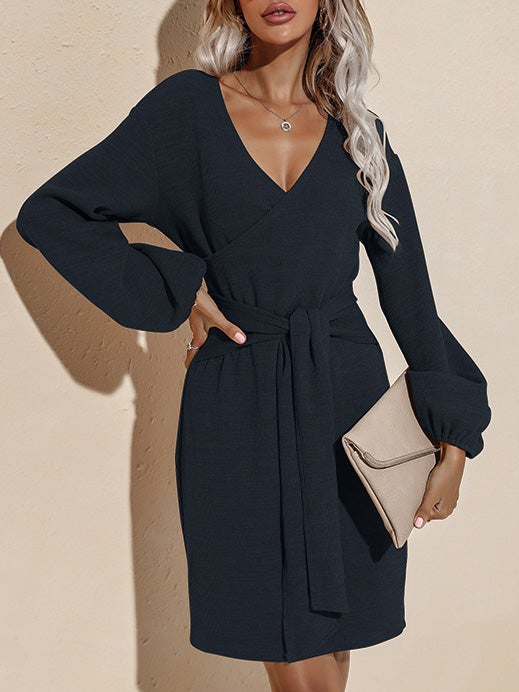 Women's Dresses Pure V-Neck Belted Long Sleeve Dress - LuckyFash™