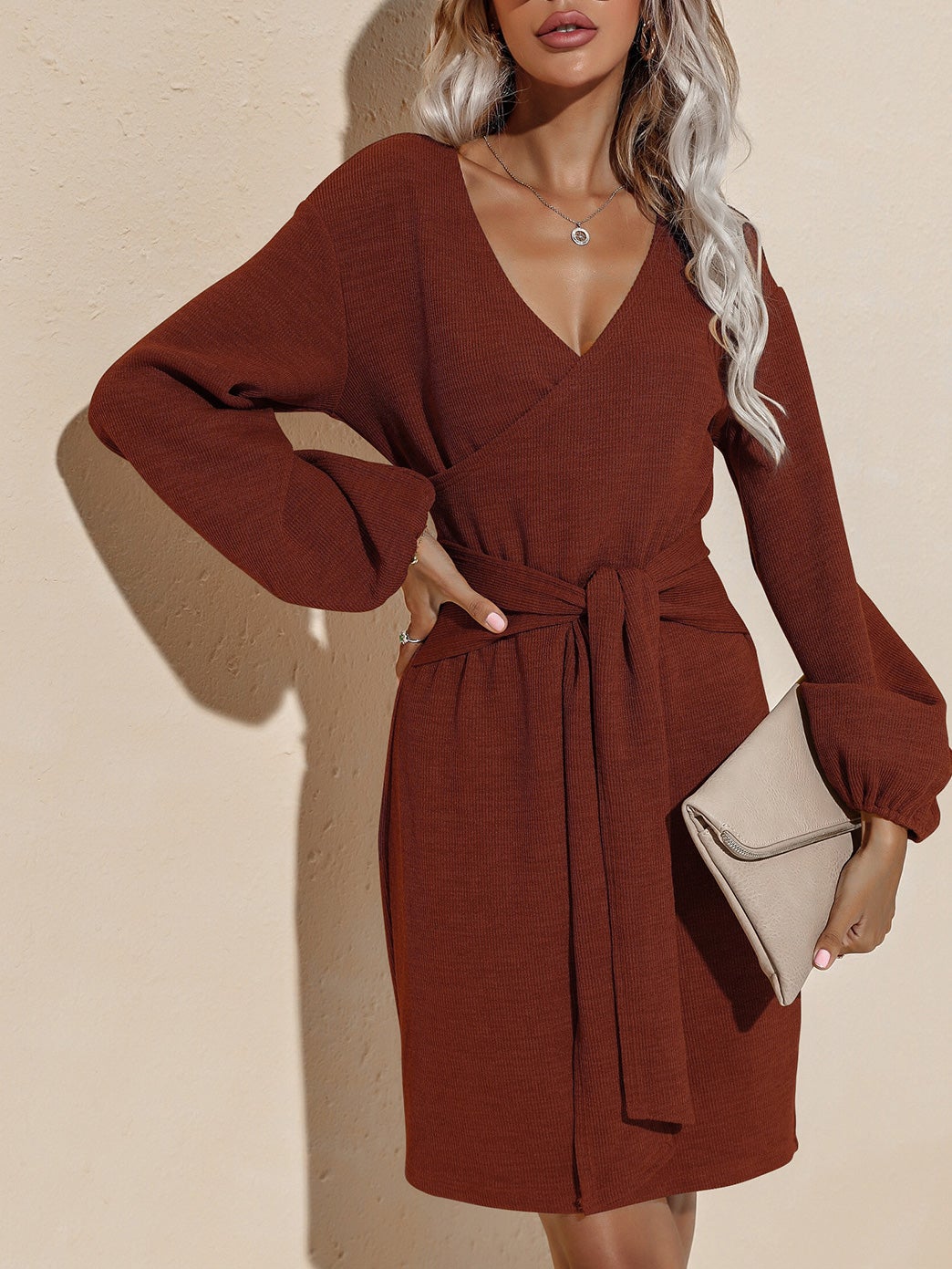 Dresses Pure V-Neck Belted Long Sleeve Dress for Women