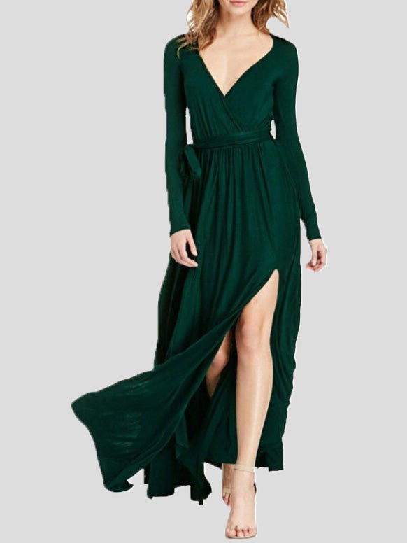 Women's Dresses Pure V-Neck Belted Long Sleeve Split Dress - LuckyFash™