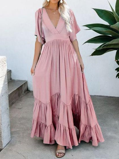 Dresses Pure V-Neck Pocket Belted Bohemian Maxi Dress for Women