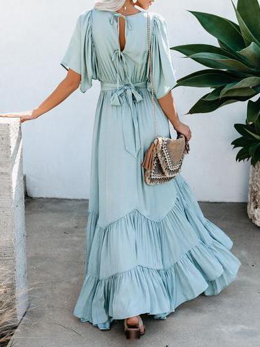 Women's Dresses Pure V-Neck Pocket Belted Bohemian Maxi Dress - LuckyFash™