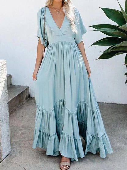 Women's Dresses Pure V-Neck Pocket Belted Bohemian Maxi Dress - LuckyFash™