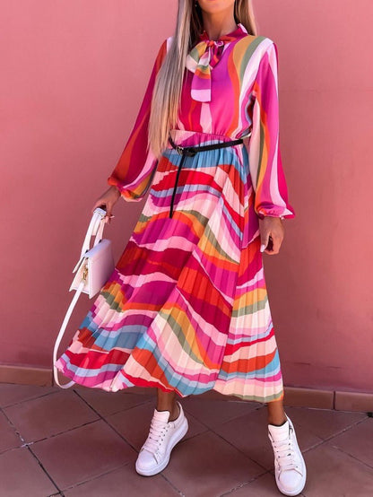 Women's Dresses Rainbow Print Belt Long Sleeve Dress - LuckyFash™