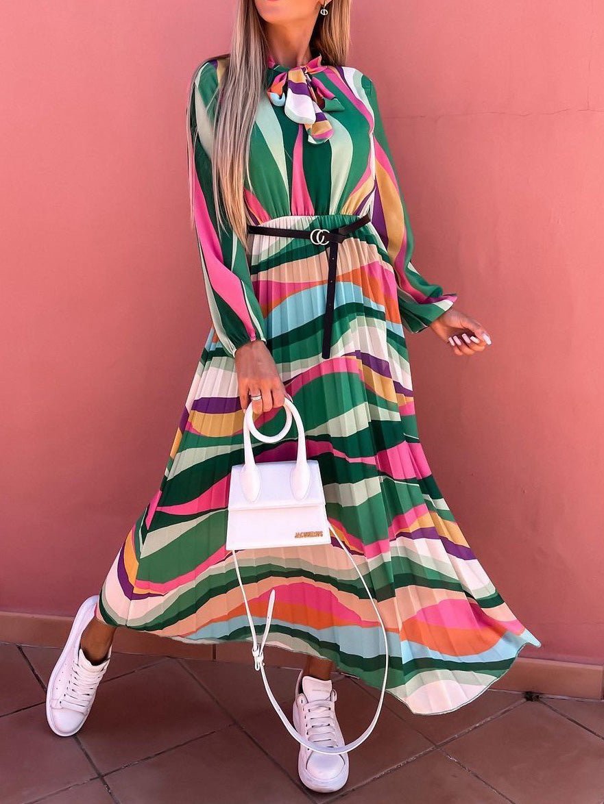 Women's Dresses Rainbow Print Belt Long Sleeve Dress - LuckyFash™