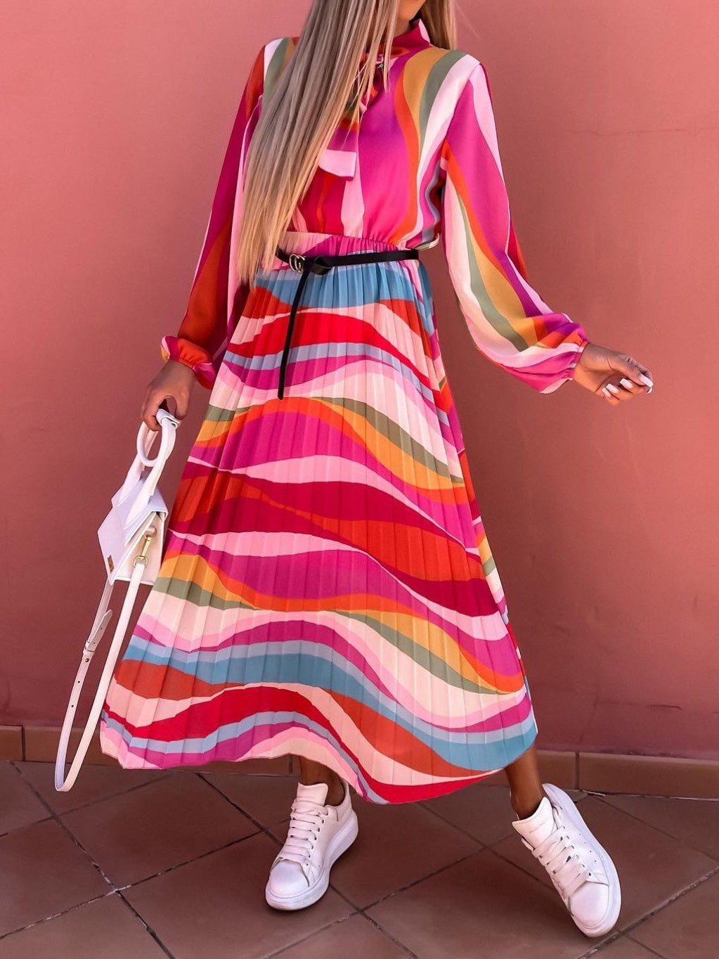 Women's Dresses Rainbow Print Belt Long Sleeve Dress - LuckyFash™