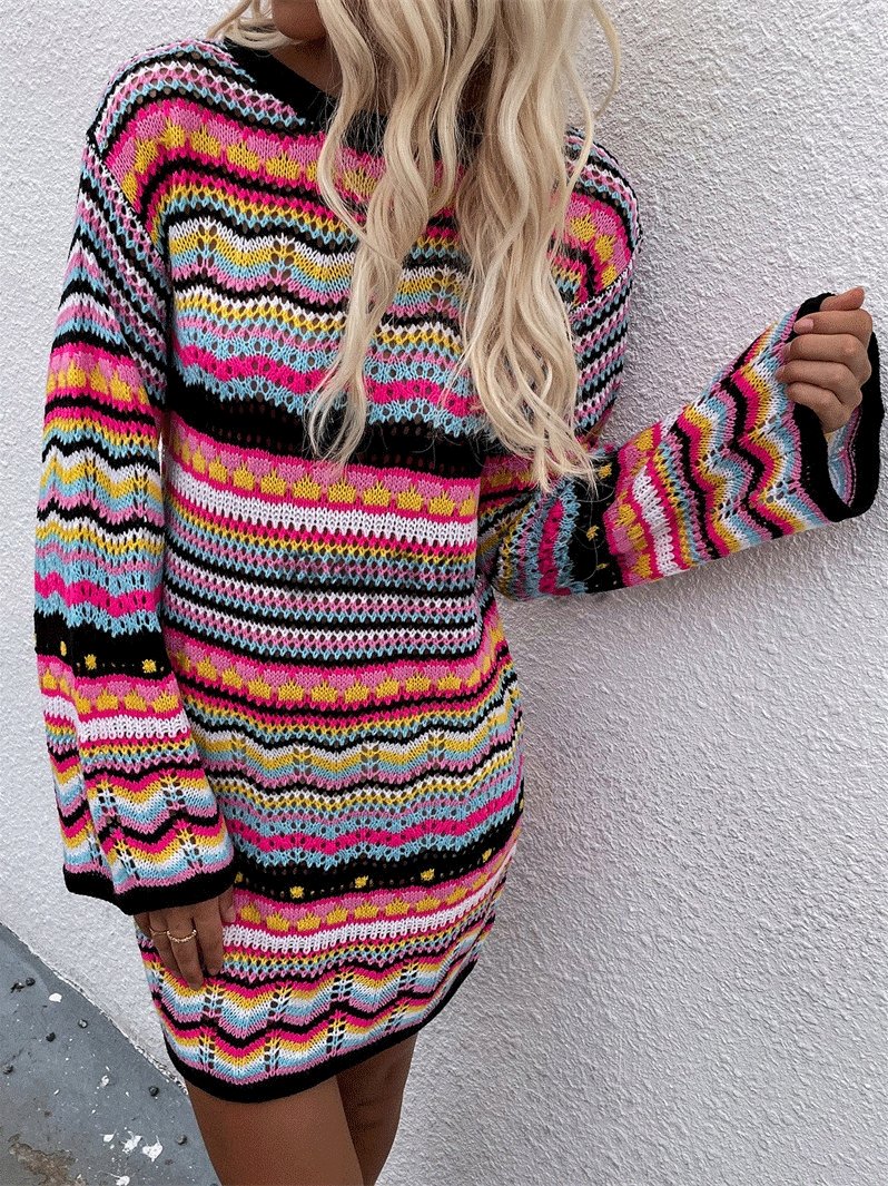 Women's Dresses Rainbow Striped Round Neck Long Sleeve Sweater Dress - LuckyFash™