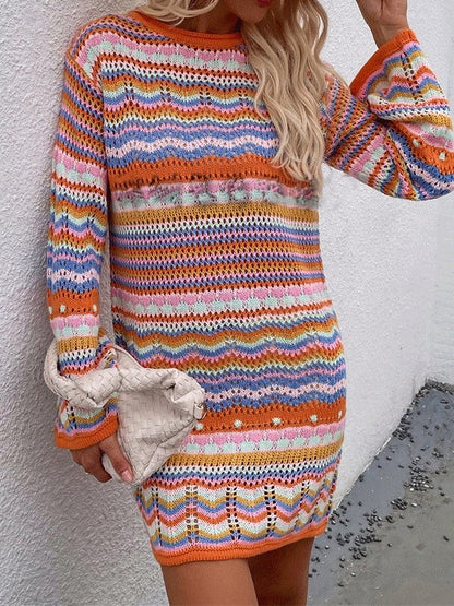 Women's Dresses Rainbow Striped Round Neck Long Sleeve Sweater Dress - LuckyFash™