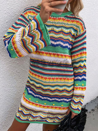 Dresses Rainbow Striped Round Neck Long Sleeve Sweater Dress for Women