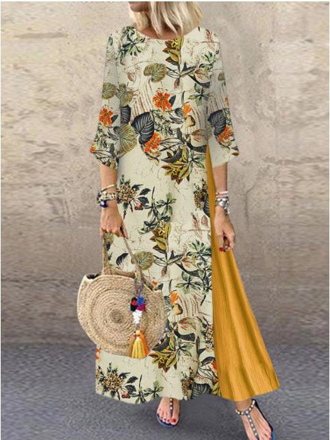 Dresses Retro Floral Round Neck Stitching Long Sleeve Dress for Women