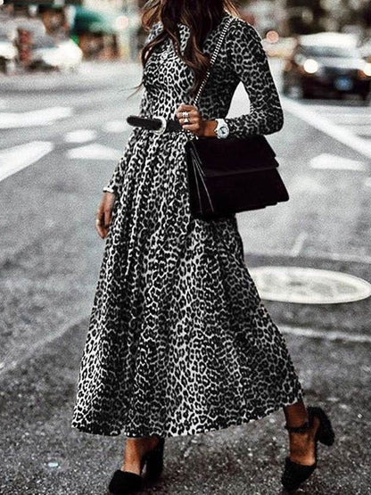 Maxi Dresses - Retro Leopard Print Round Neck Long Sleeve Dress - MsDressly