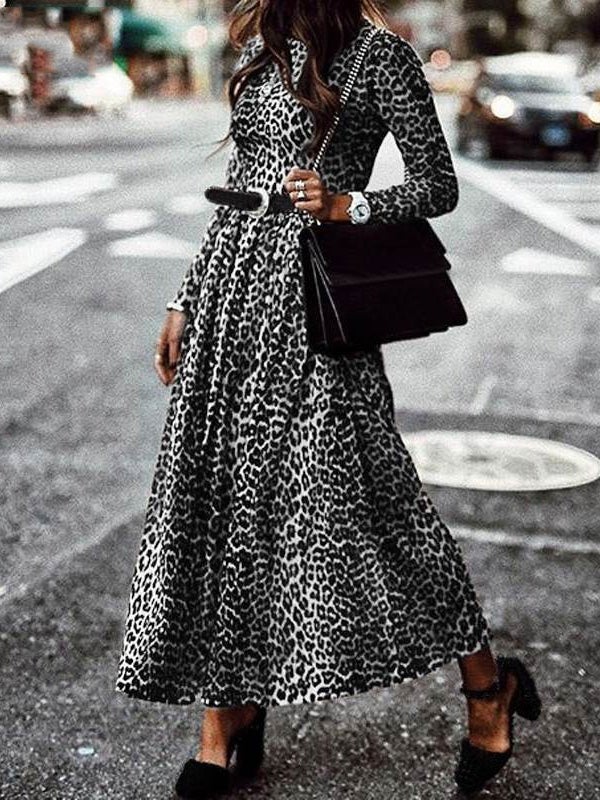 Retro Leopard Print Round Neck Long Sleeve Dress