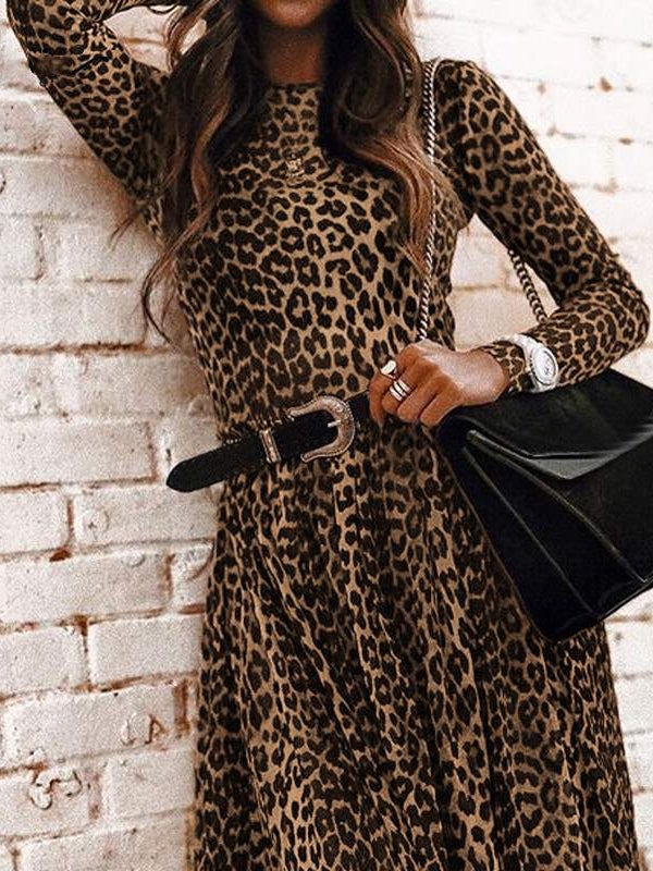 Maxi Dresses - Retro Leopard Print Round Neck Long Sleeve Dress - MsDressly