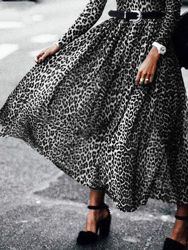 Maxi Dresses - Retro Leopard Print Round Neck Long Sleeve Dress - MsDressly