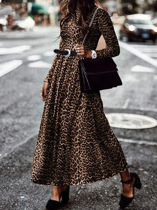 Retro Leopard Print Round Neck Long Sleeve Dress