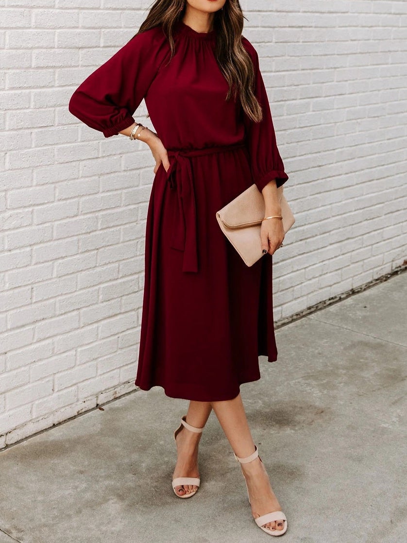 Maxi Dresses - Round Neck Belted Long Sleeve Dress - MsDressly