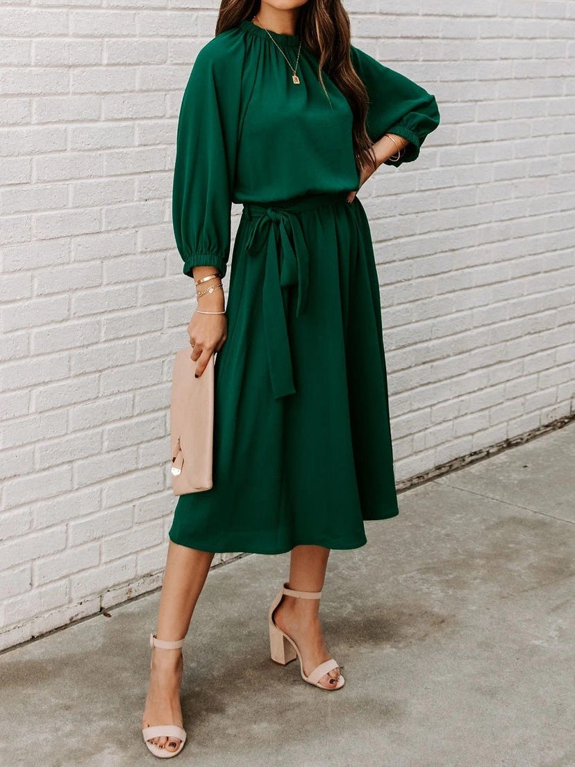 Round Neck Belted Long Sleeve Dress